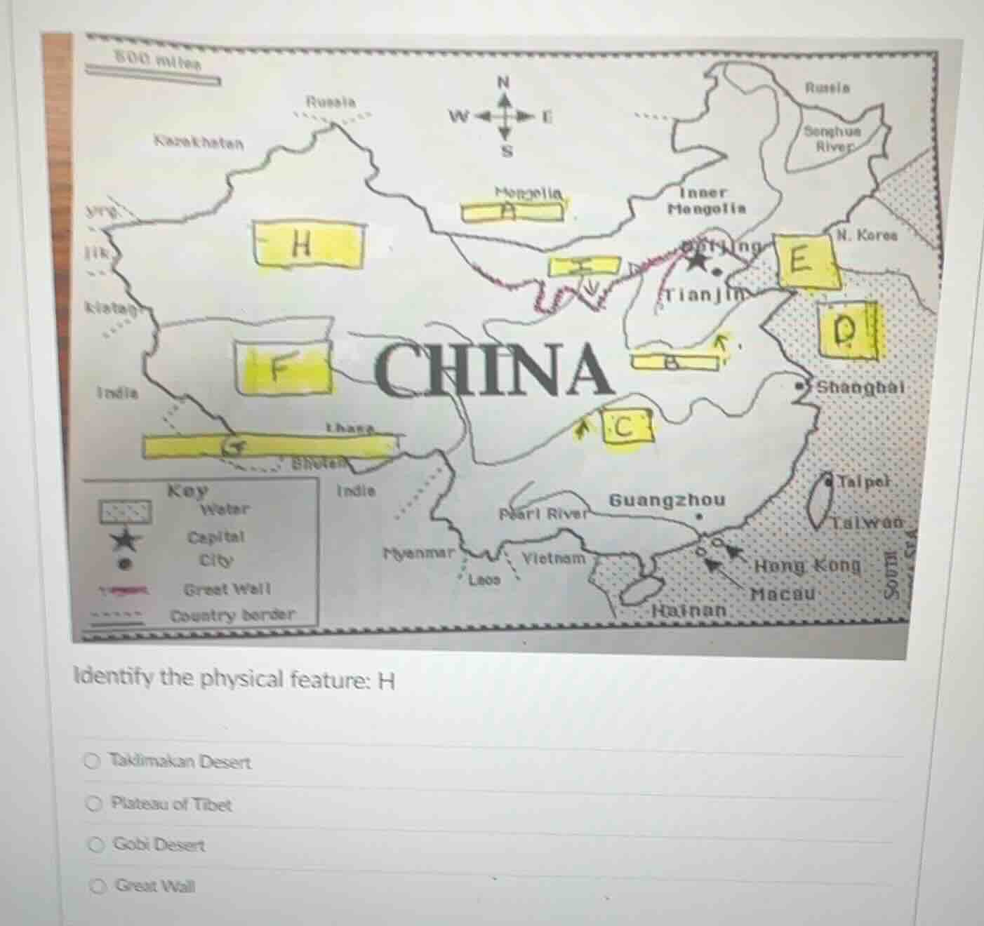 identify the physical feature: h taklimakan desert plateau of tibet gob…
