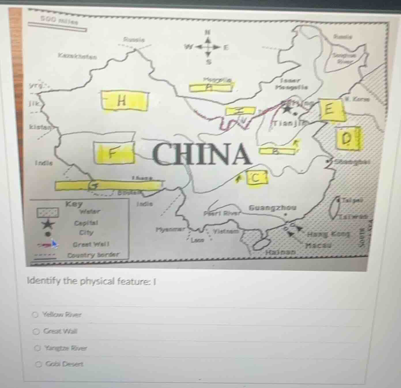 identify the physical feature: i yellow river great wall yangtze river …