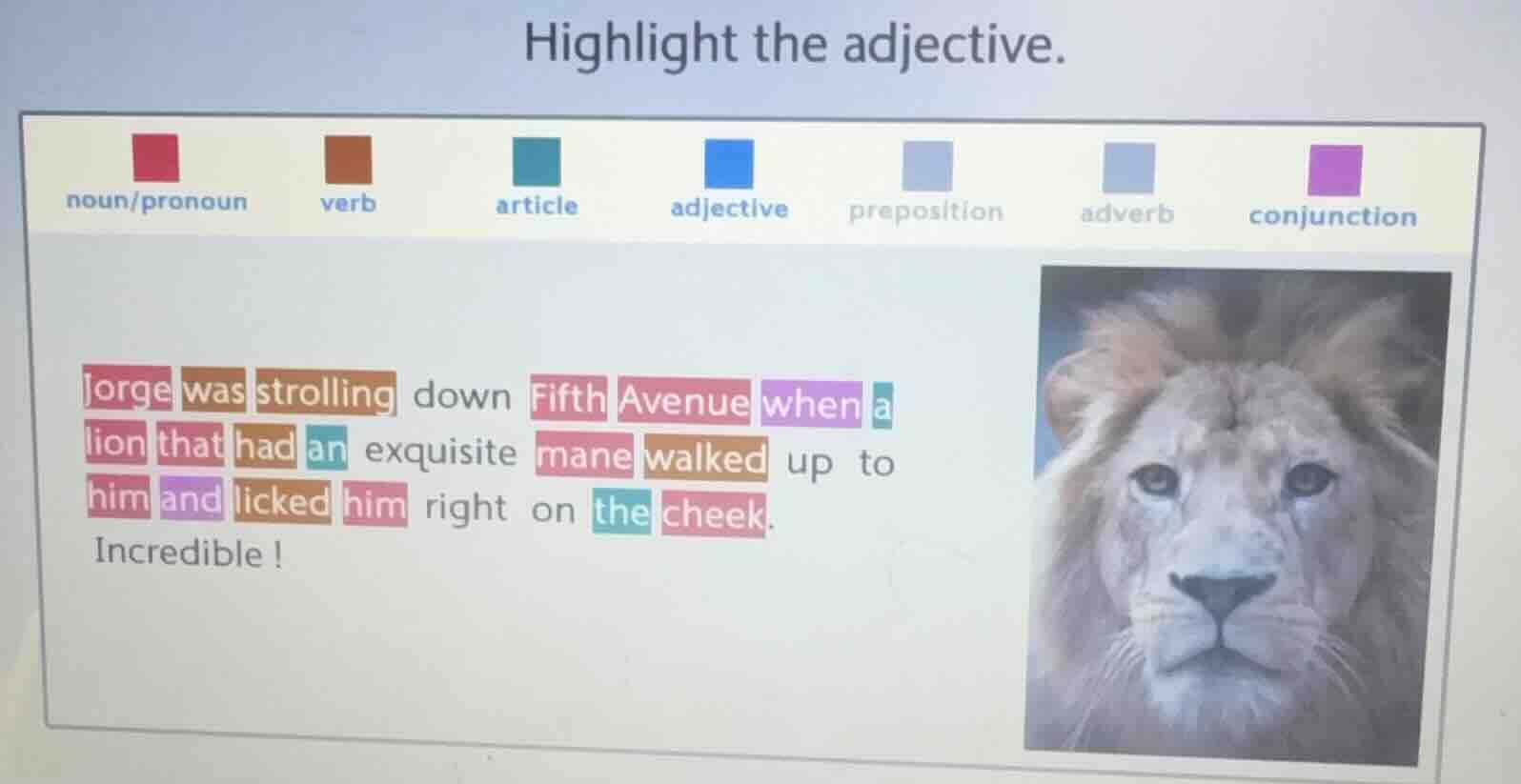 highlight the adjective. noun/pronoun verb article adjective prepositio…
