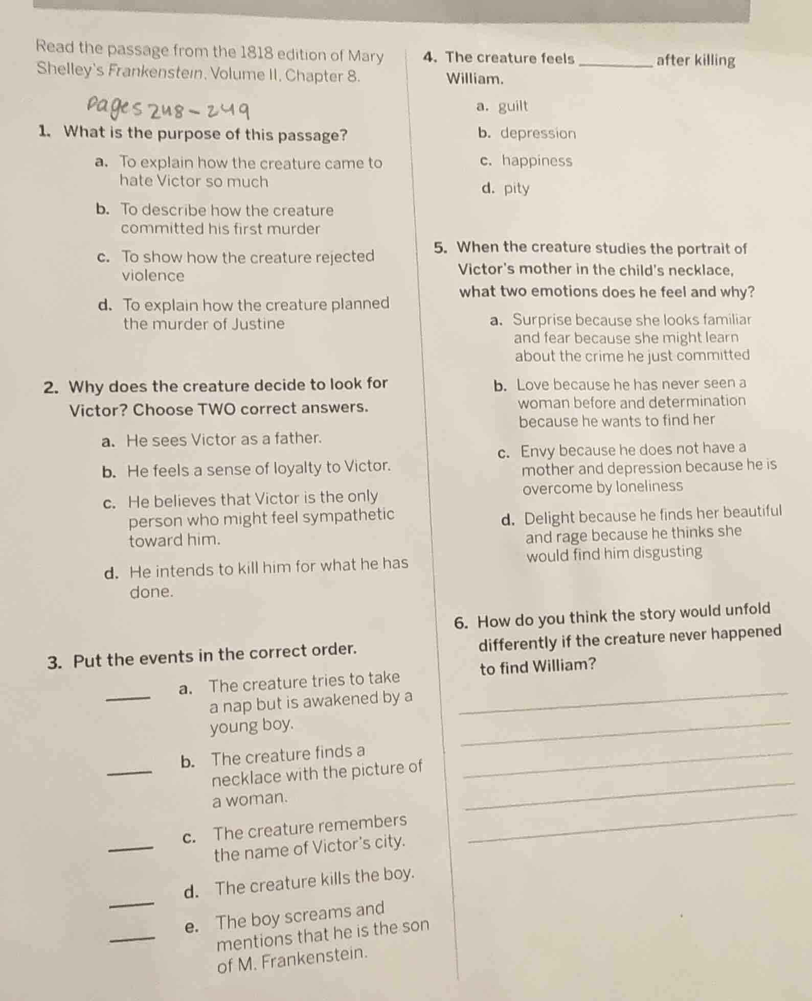 read the passage from the 1818 edition of mary shelleys frankenstein, v…