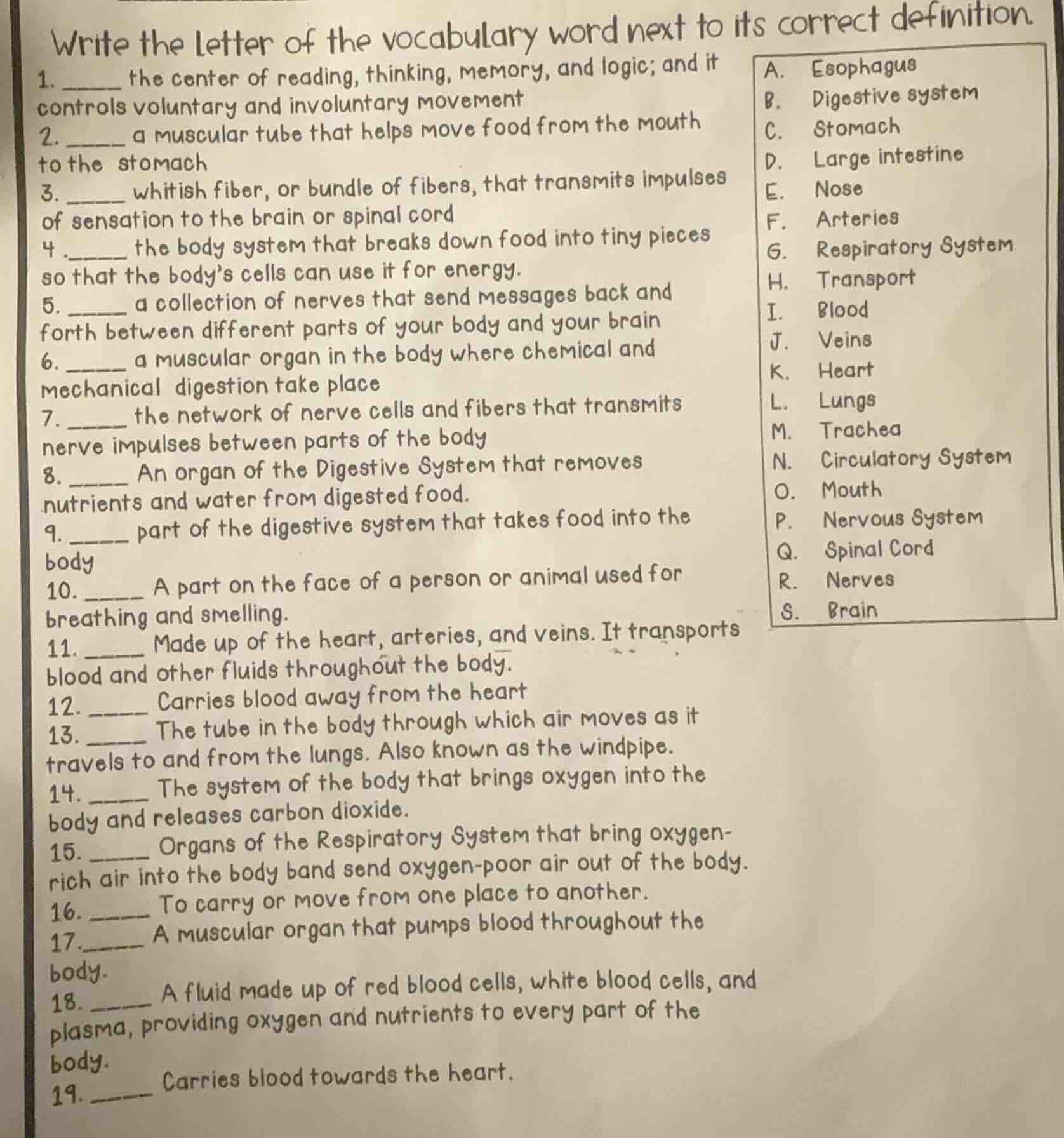write the letter of the vocabulary word next to its correct definition.…