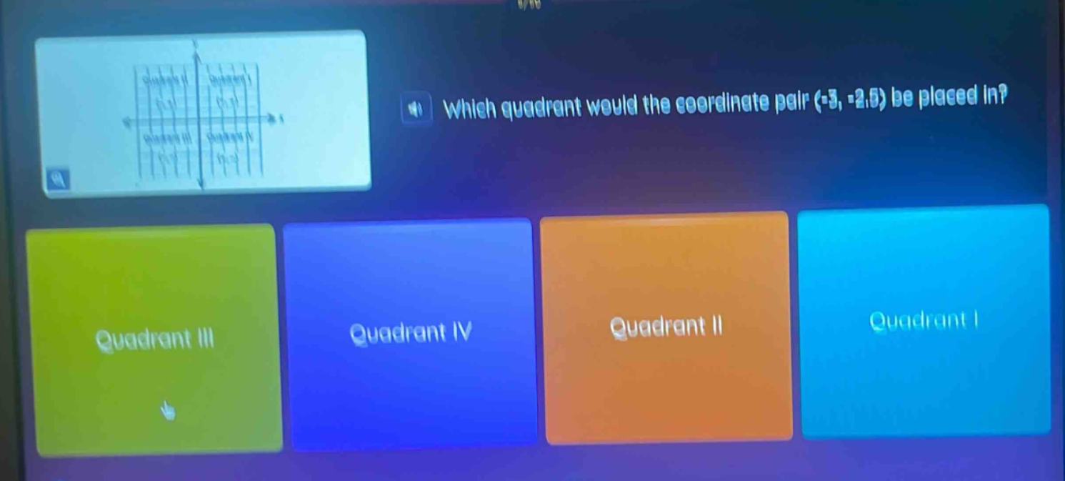 which quadrant would the coordinate pair (-3, -2.5) be placed in? optio…