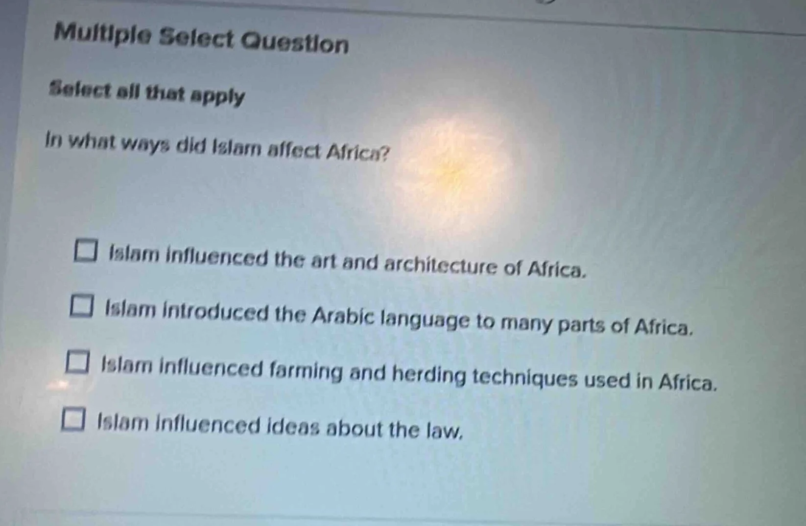 multiple select question select all that apply in what ways did islam a…