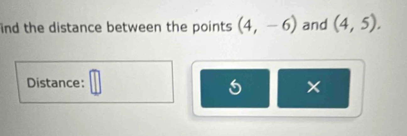 find the distance between the points (4, -6) and (4, 5). distance: