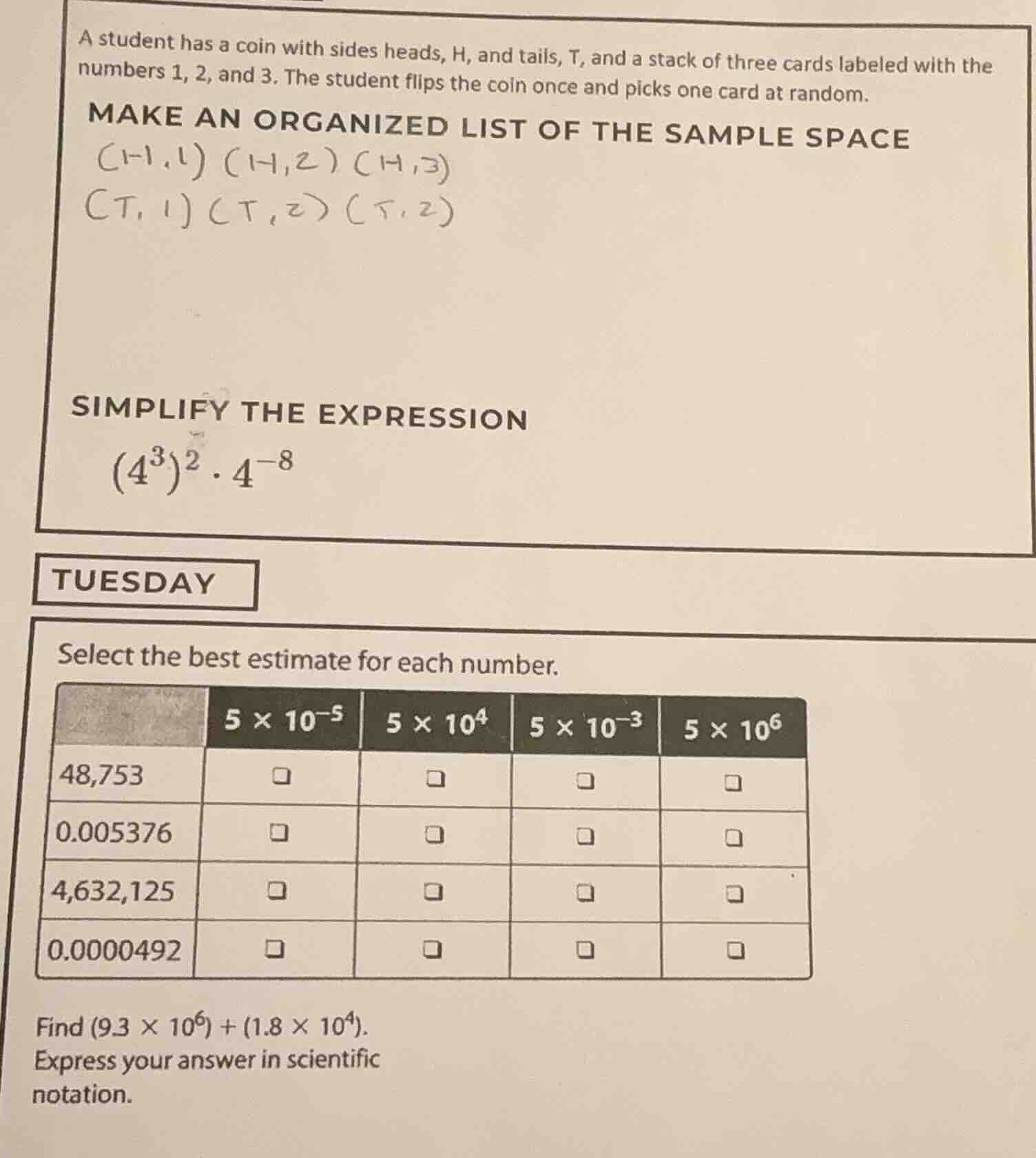 a student has a coin with sides heads, h, and tails, t, and a stack of …