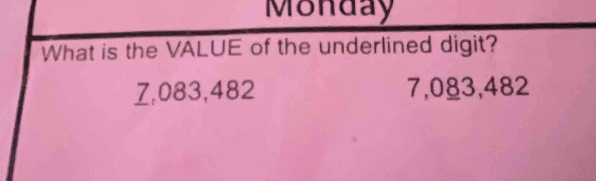 what is the value of the underlined digit? 7,083,482 7,083,482
