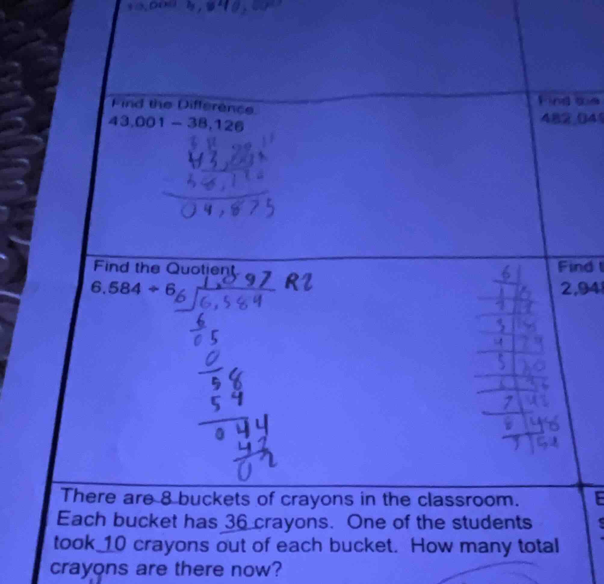 find the difference 43,001 - 38,126 find the quotient 6,584 ÷ 6 there a…