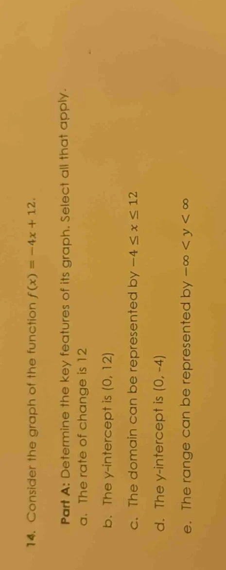 14. consider the graph of the function ( f(x) = -4x + 12 ). part a: det…