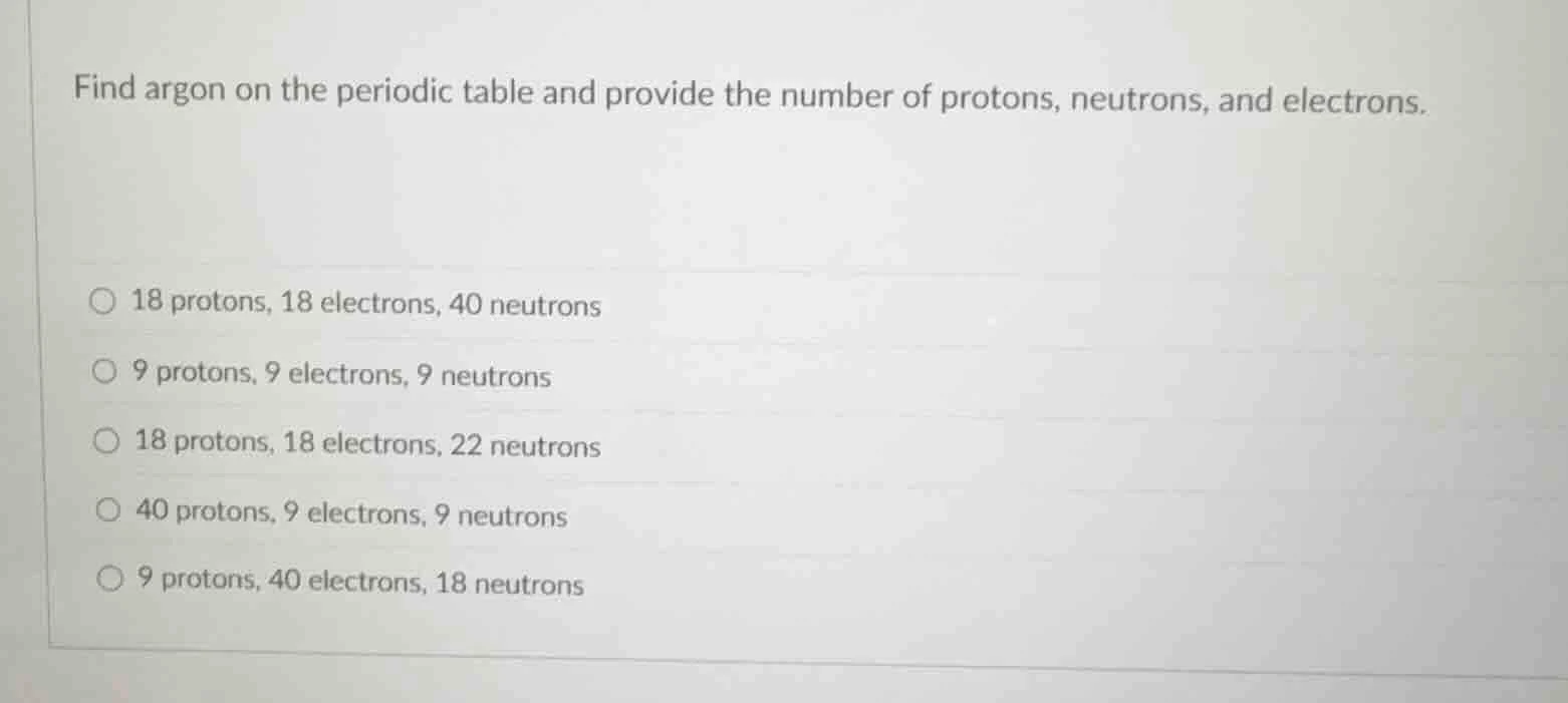 find argon on the periodic table and provide the number of protons, neu…