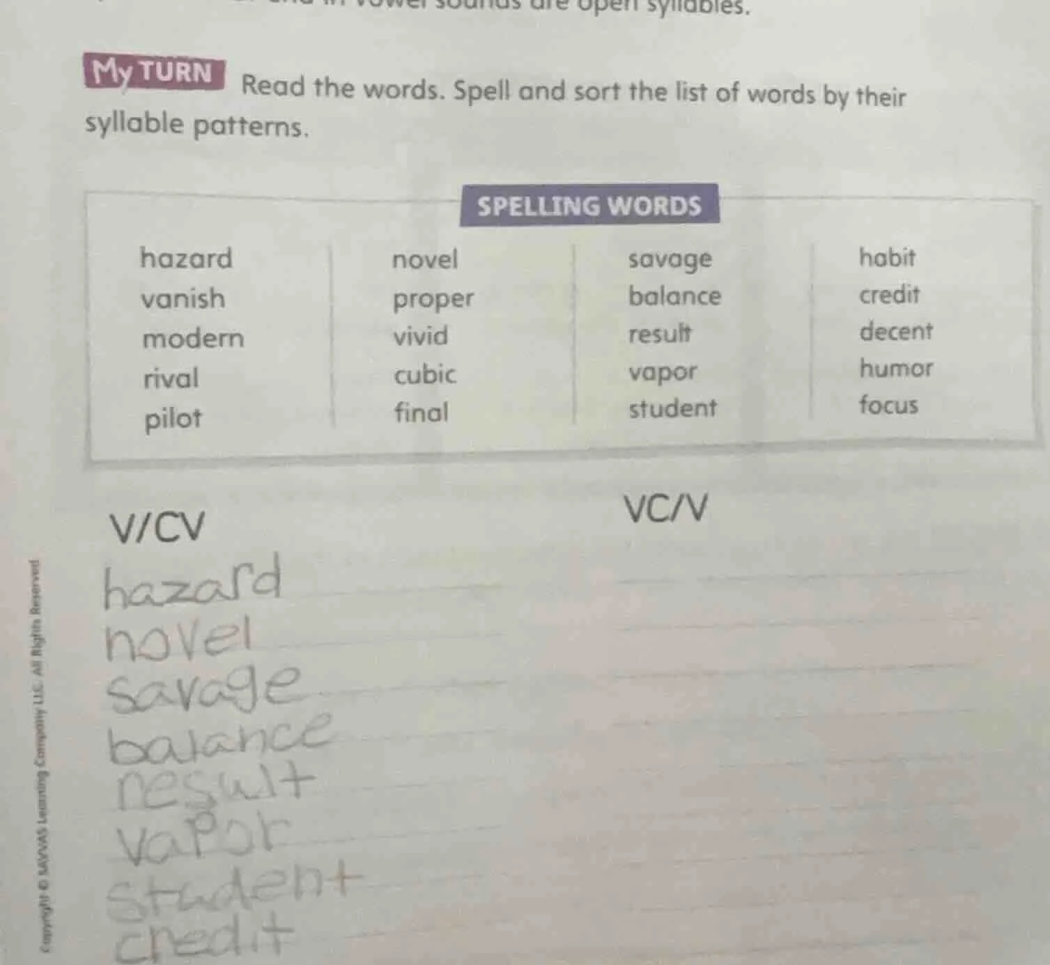 my turn read the words. spell and sort the list of words by their sylla…