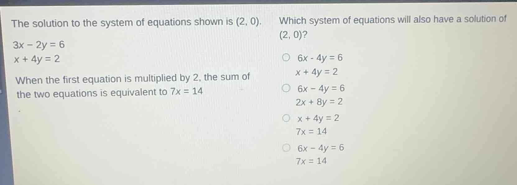 the solution to the system of equations shown is (2, 0). 3x - 2y = 6 x …