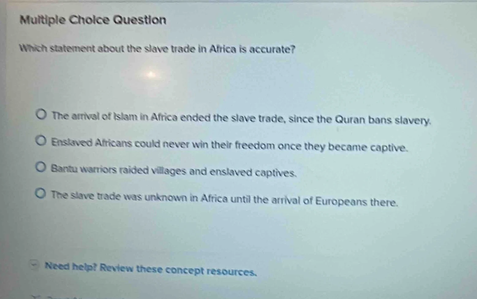 multiple choice question which statement about the slave trade in afric…