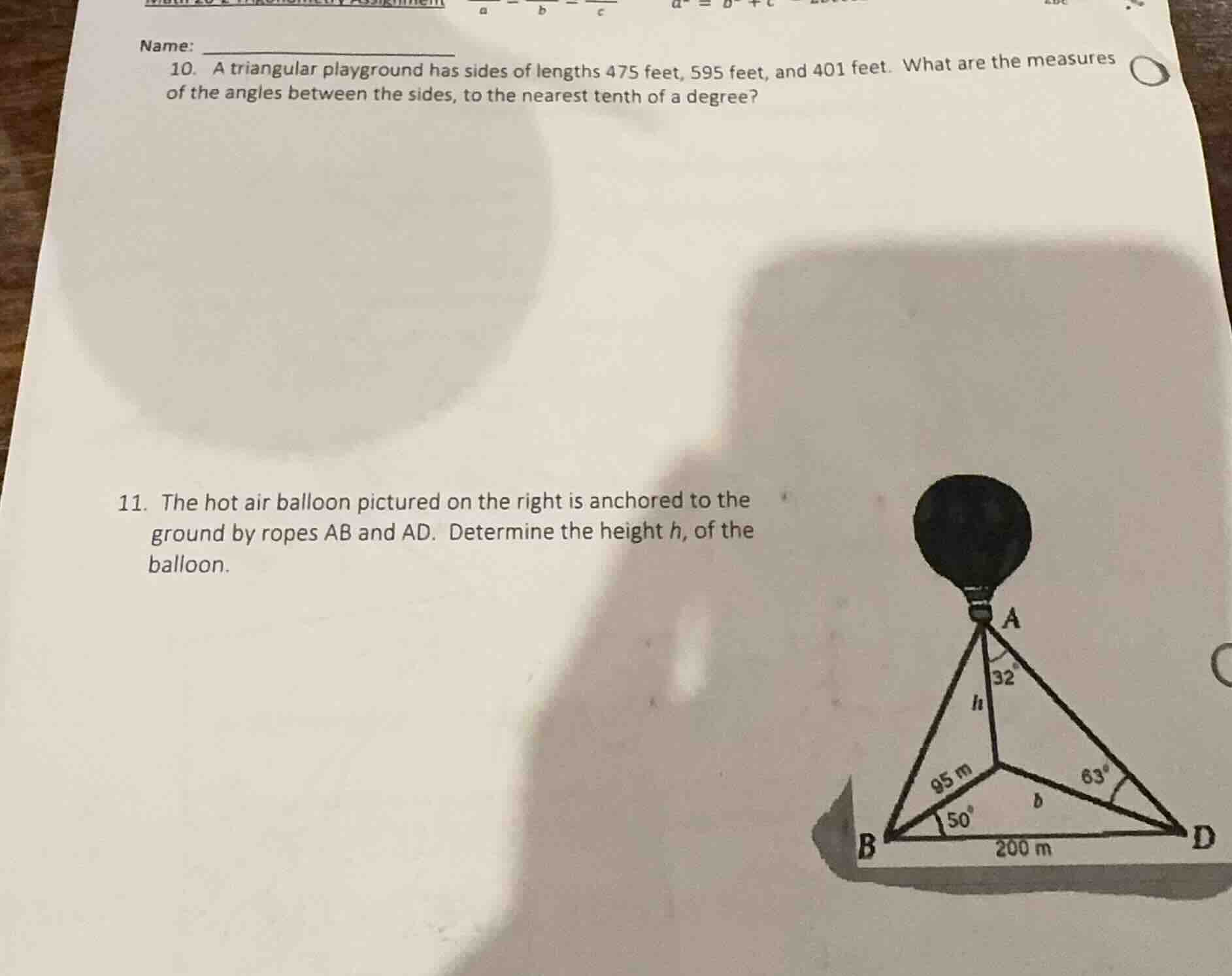 name: 10. a triangular playground has sides of lengths 475 feet, 595 fe…