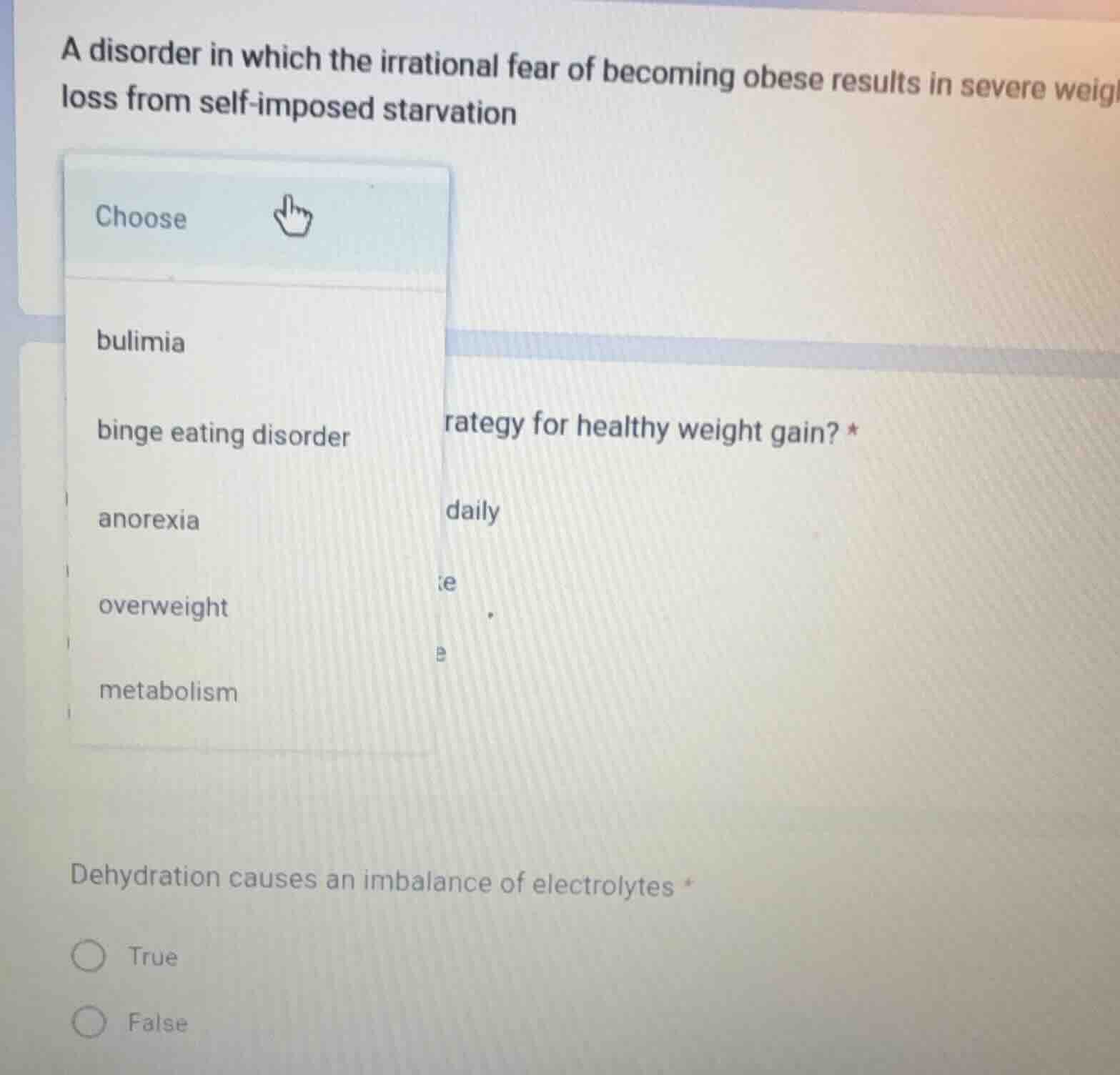 a disorder in which the irrational fear of becoming obese results in se…
