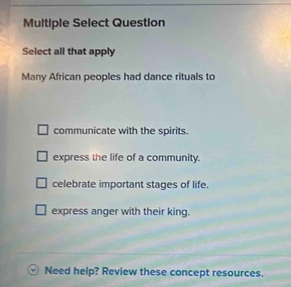 multiple select question select all that apply many african peoples had…