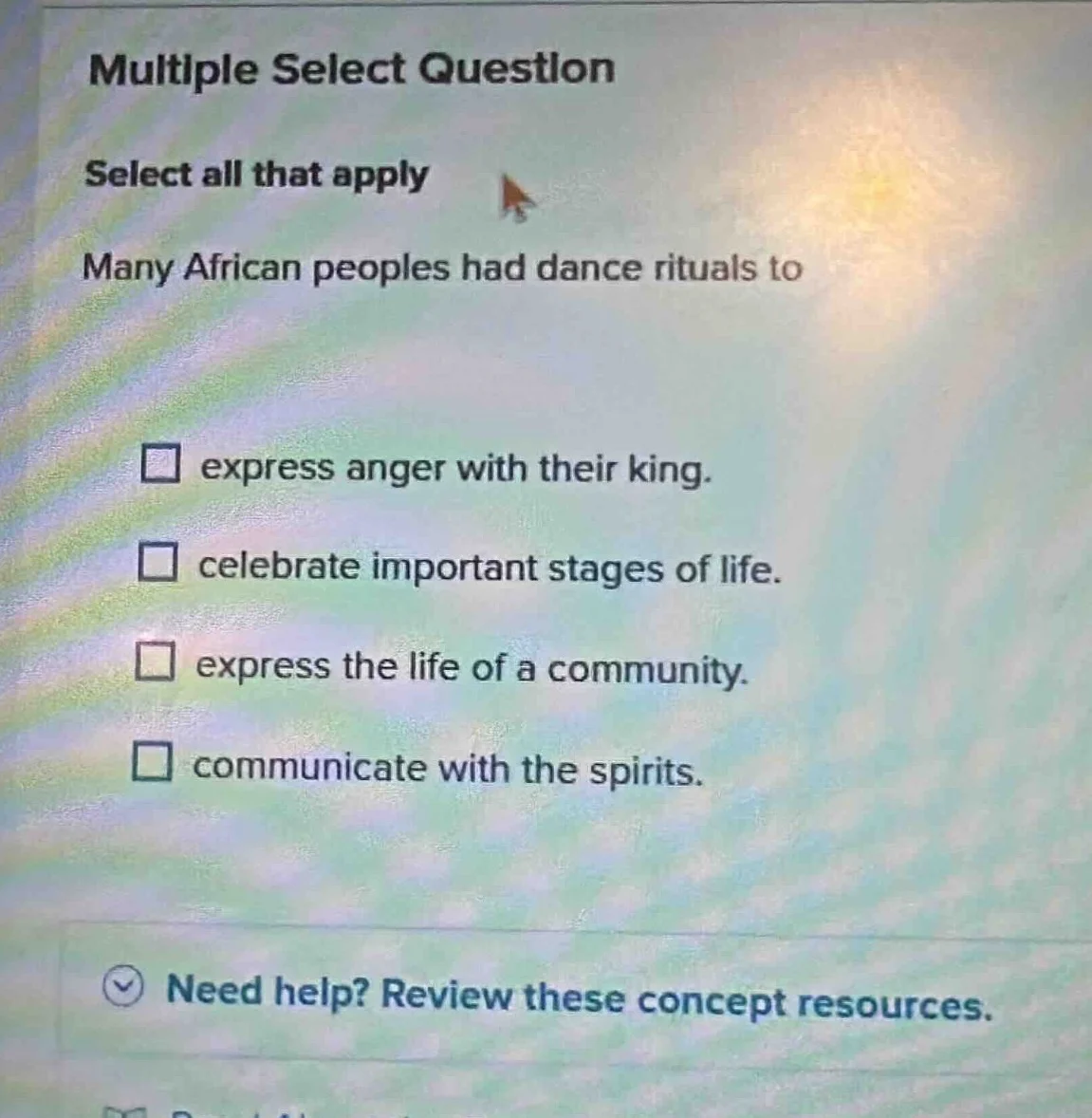 multiple select question select all that apply many african peoples had…