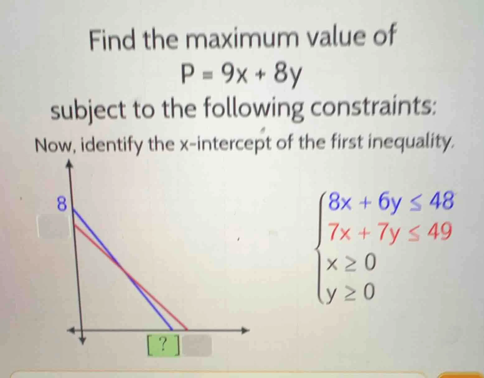 find the maximum value of p = 9x + 8y subject to the following constrai…