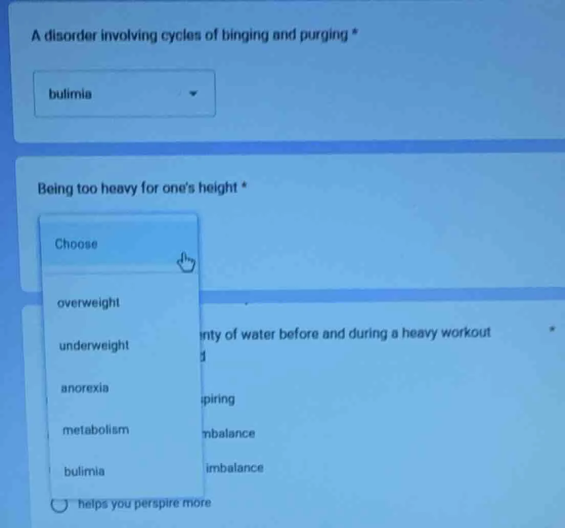 a disorder involving cycles of binging and purging * bulimia being too …