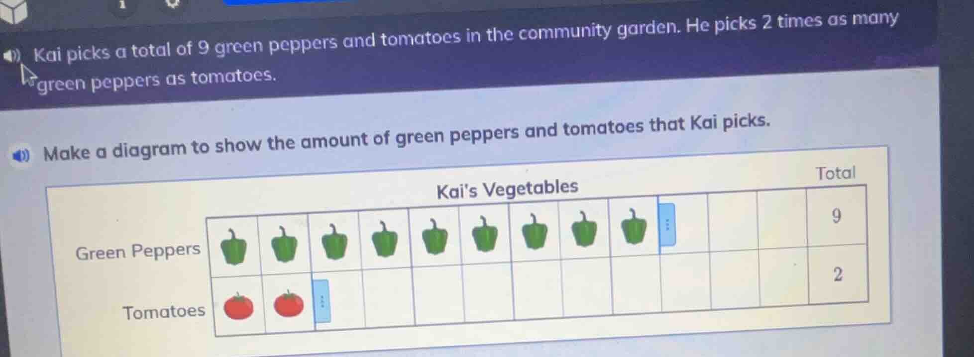 kai picks a total of 9 green peppers and tomatoes in the community gard…