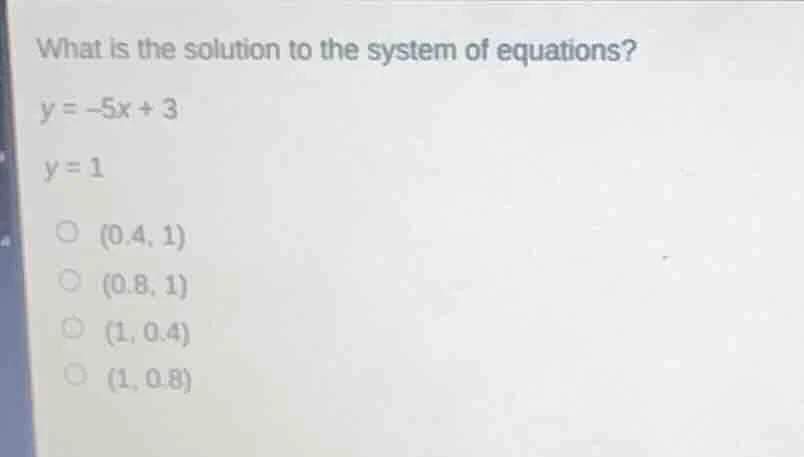 what is the solution to the system of equations? y = -5x + 3 y = 1 (0.4…