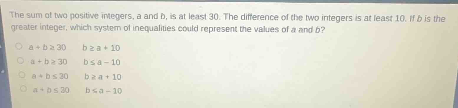 the sum of two positive integers, a and b, is at least 30. the differen…