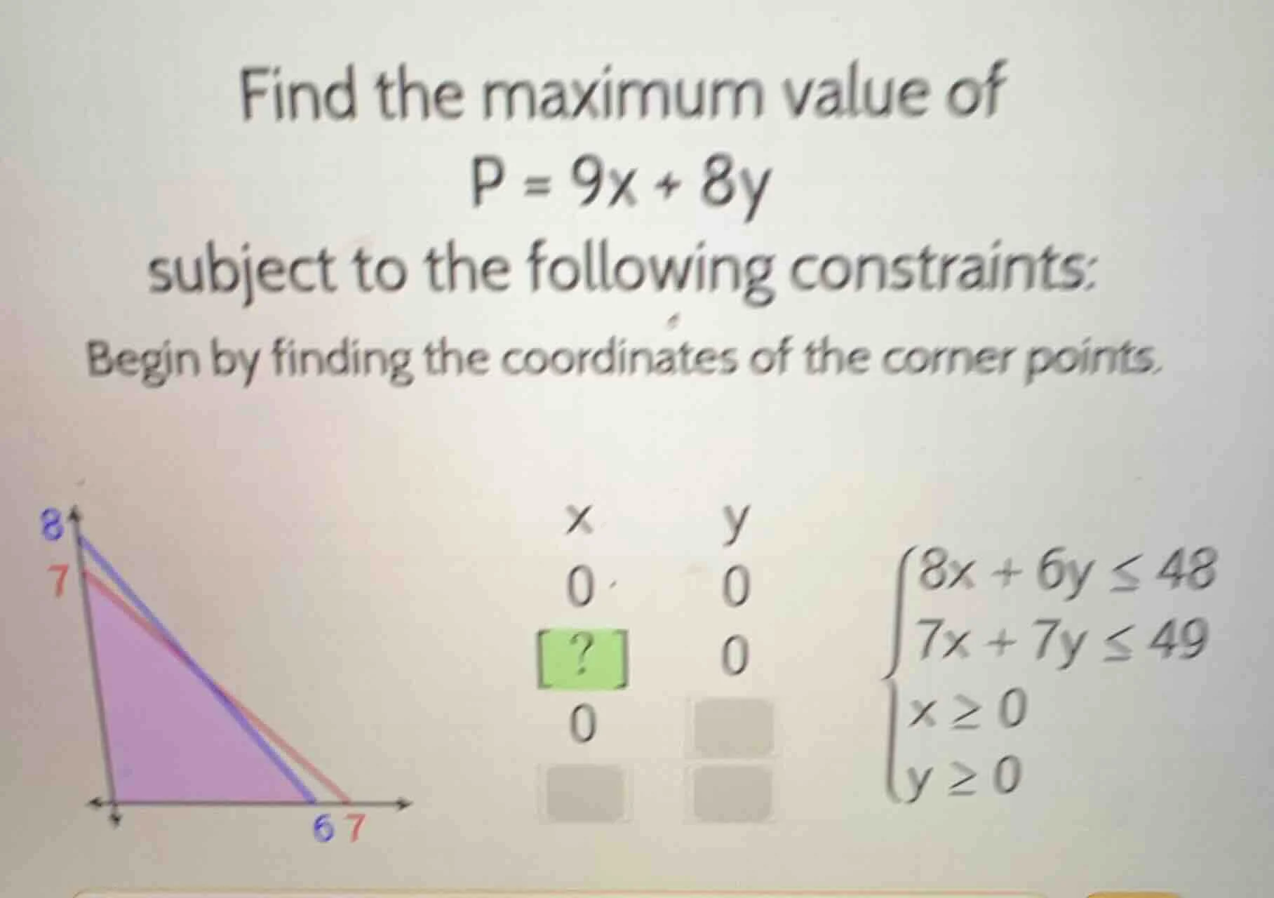 find the maximum value of p = 9x + 8y subject to the following constrai…