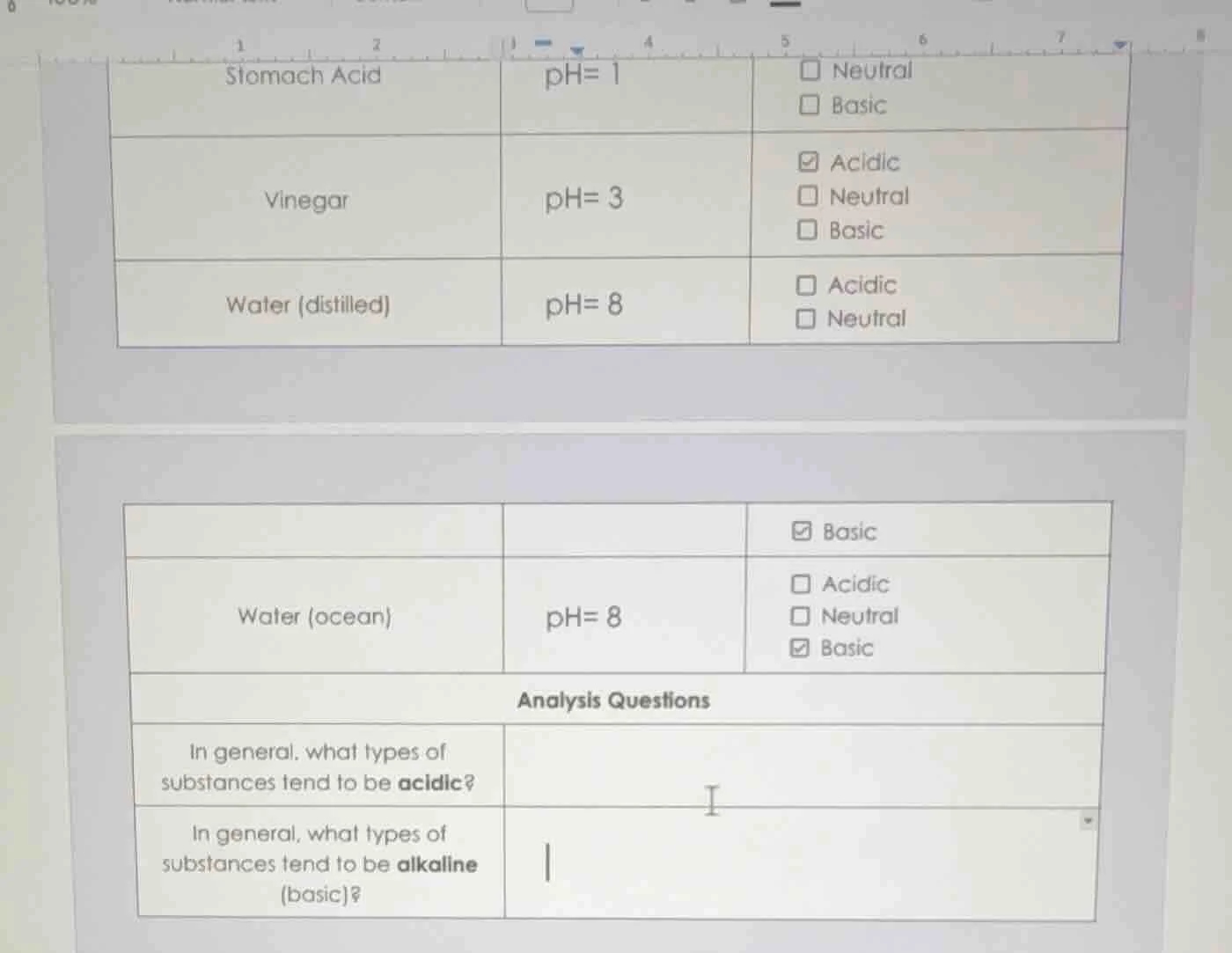 stomach acid ph= 1 ☐ neutral ☐ basic vinegar ph= 3 ☑ acidic ☐ neutral ☐…