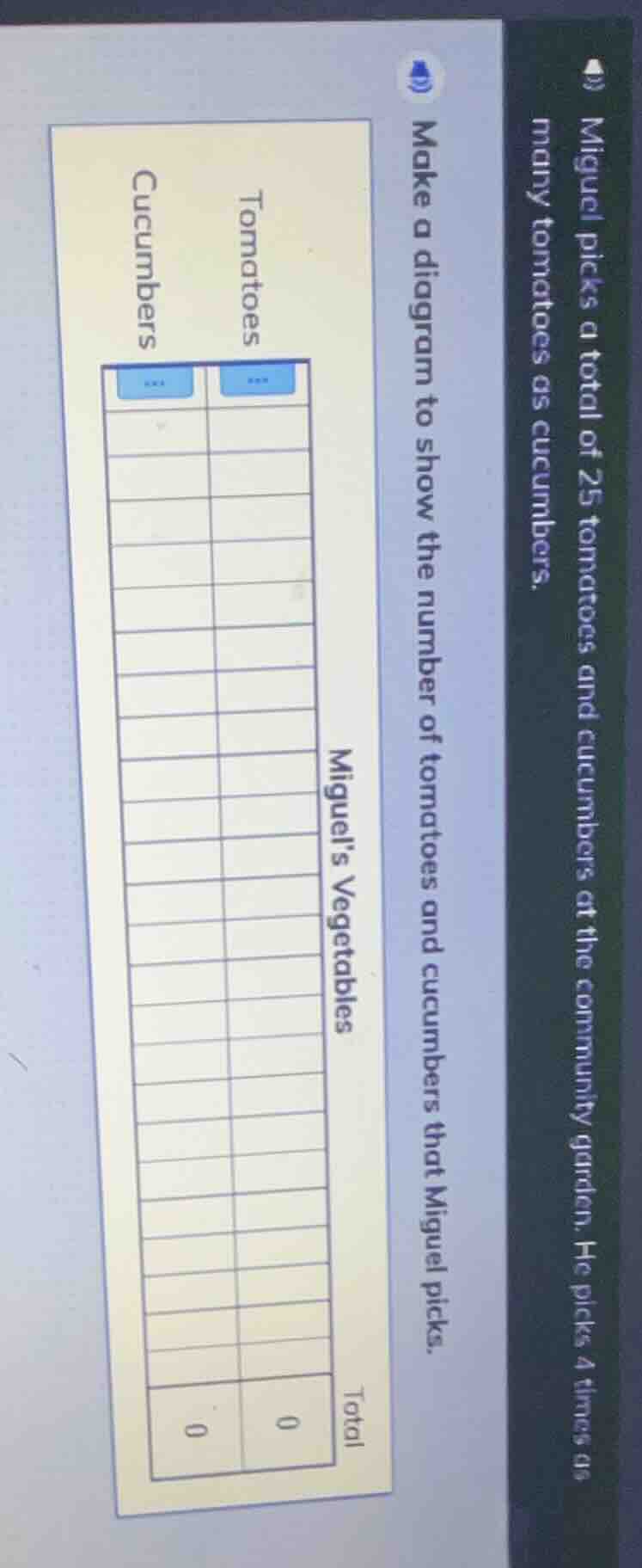 miguel picks a total of 25 tomatoes and cucumbers at the community gard…