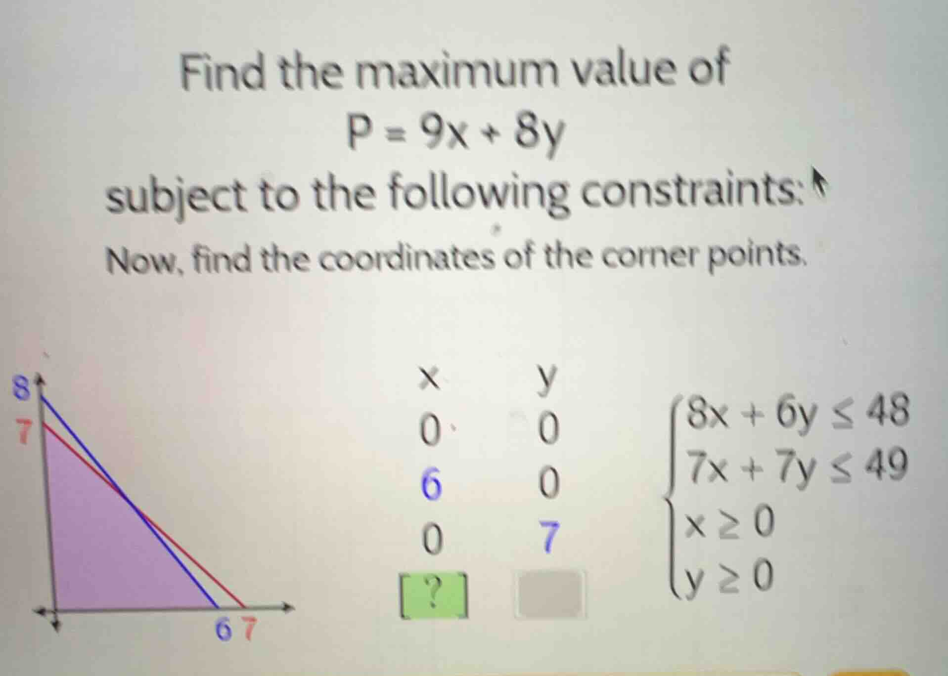 find the maximum value of p = 9x + 8y subject to the following constrai…