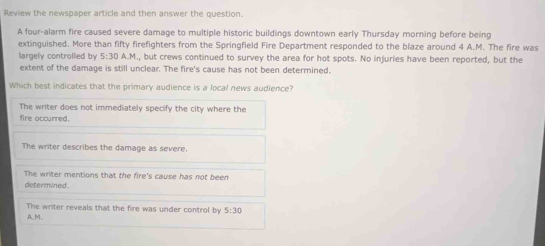 review the newspaper article and then answer the question. a four - ala…