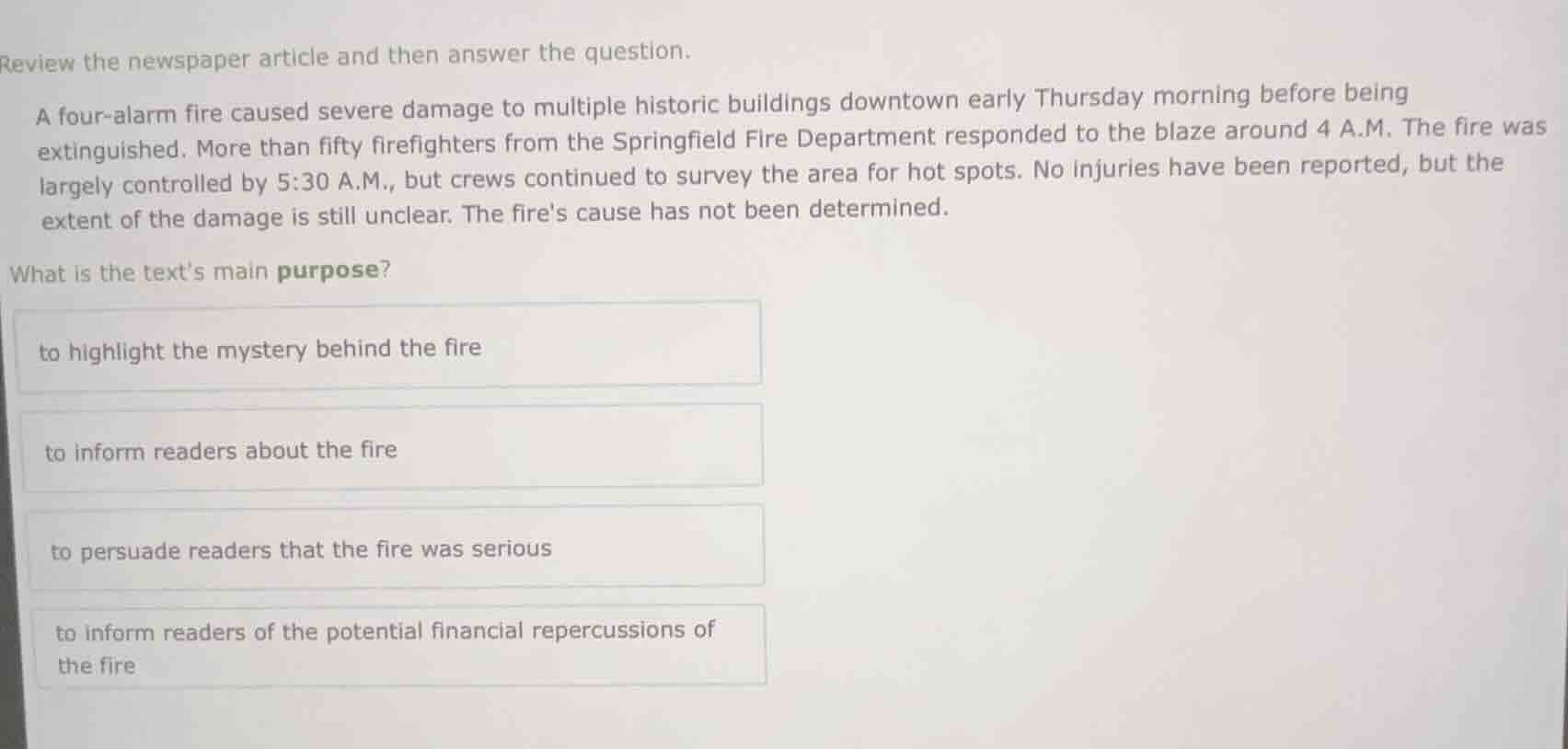 review the newspaper article and then answer the question. a four - ala…