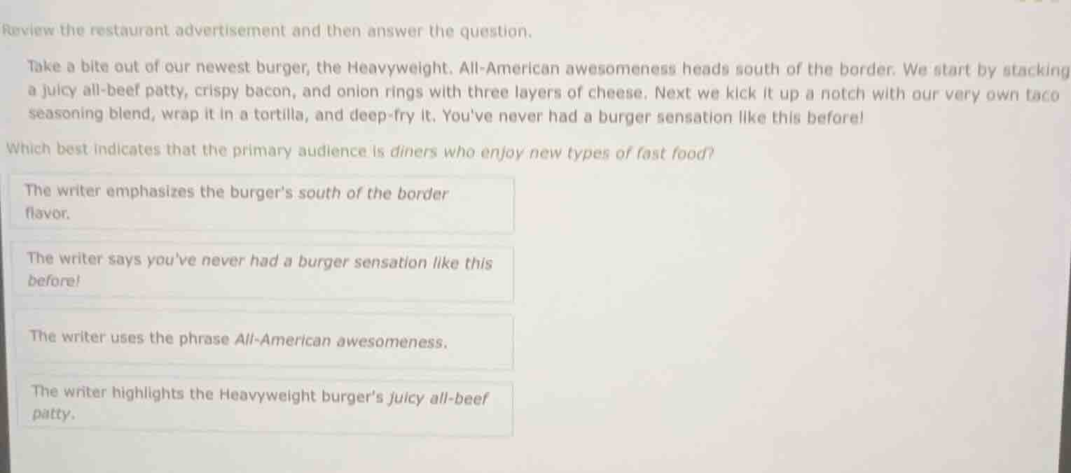 review the restaurant advertisement and then answer the question. take …
