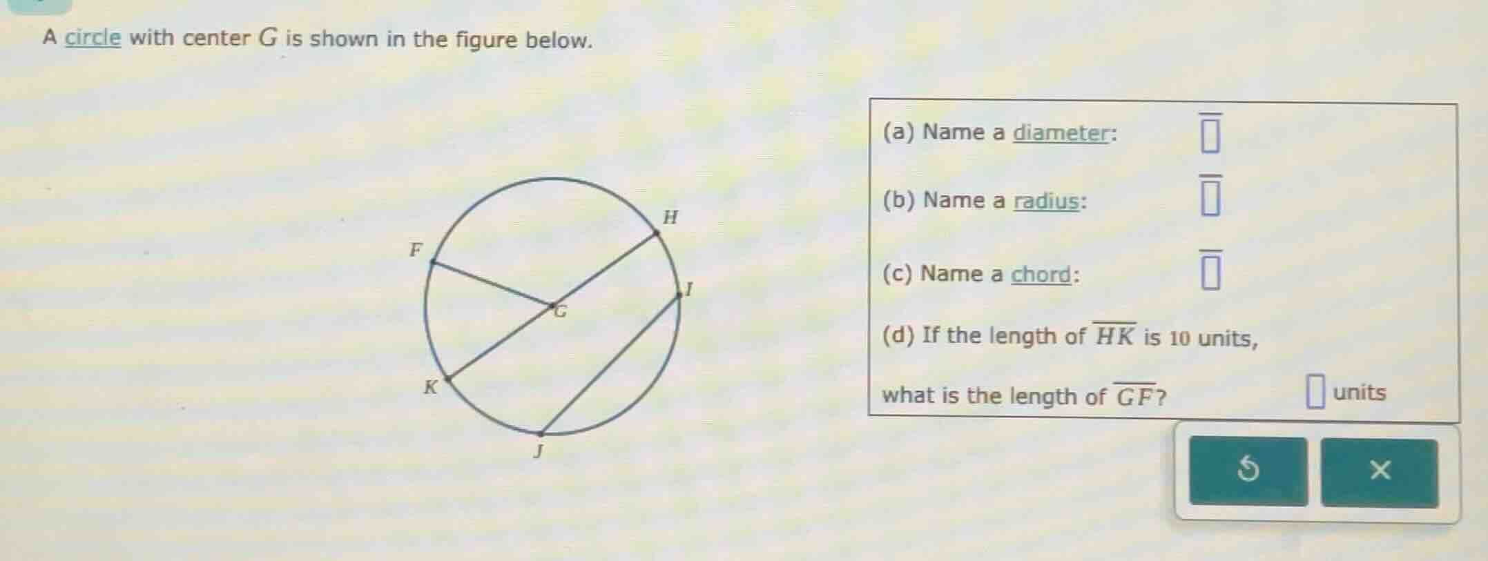 a circle with center g is shown in the figure below. (a) name a diamete…