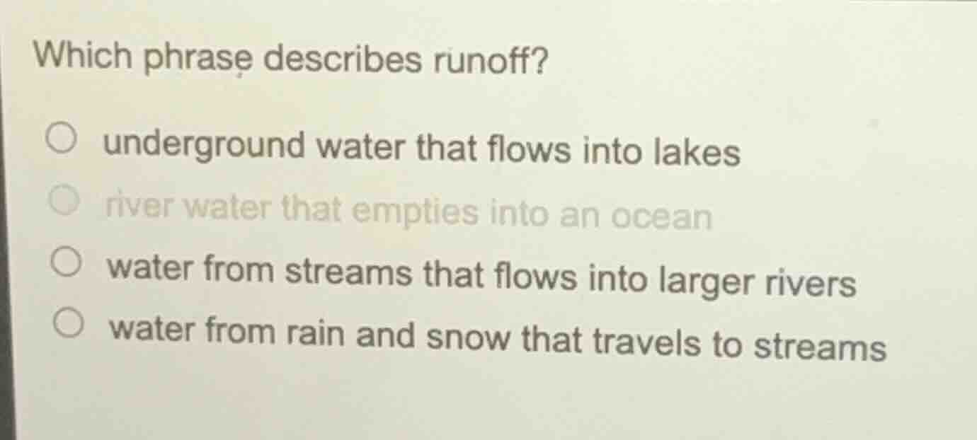 which phrase describes runoff? ○ underground water that flows into lake…