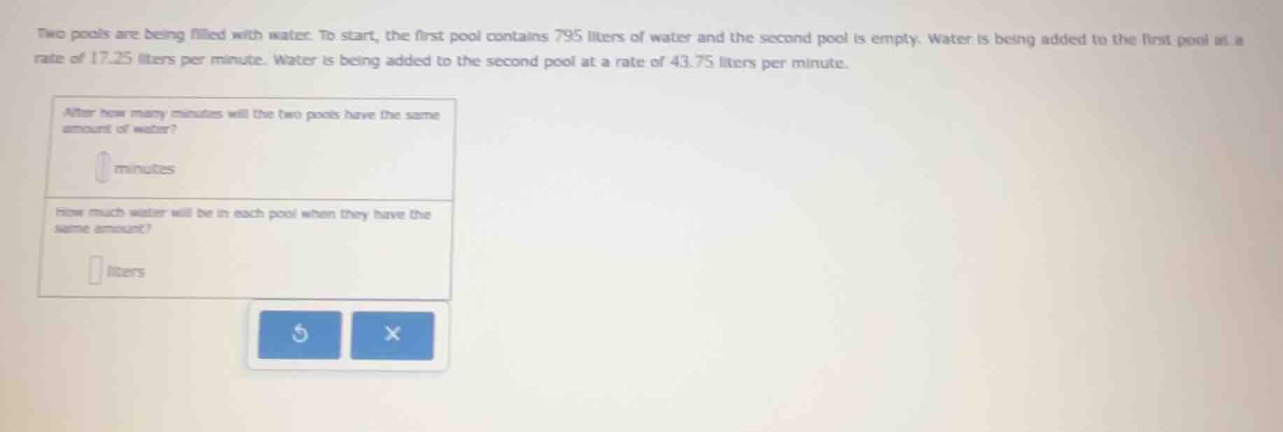 two pools are being filled with water. to start, the first pool contain…