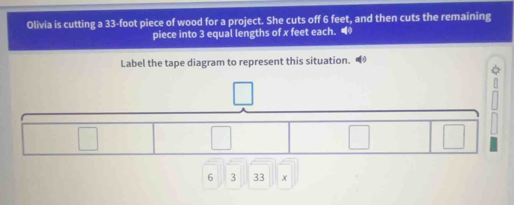 olivia is cutting a 33-foot piece of wood for a project. she cuts off 6…