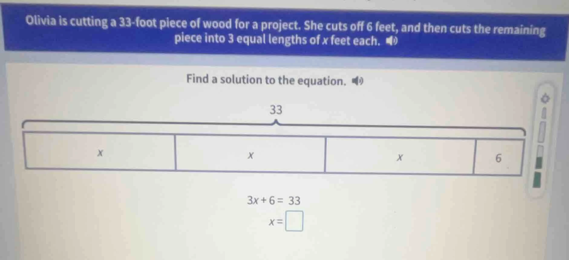 olivia is cutting a 33-foot piece of wood for a project. she cuts off 6…