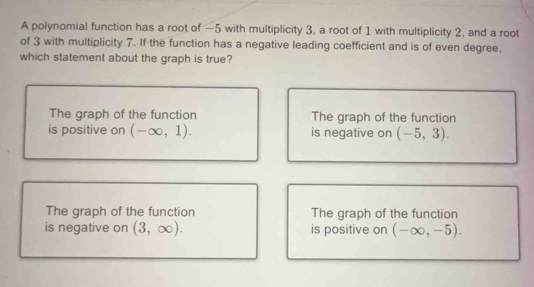 a polynomial function has a root of -5 with multiplicity 3, a root of 1…