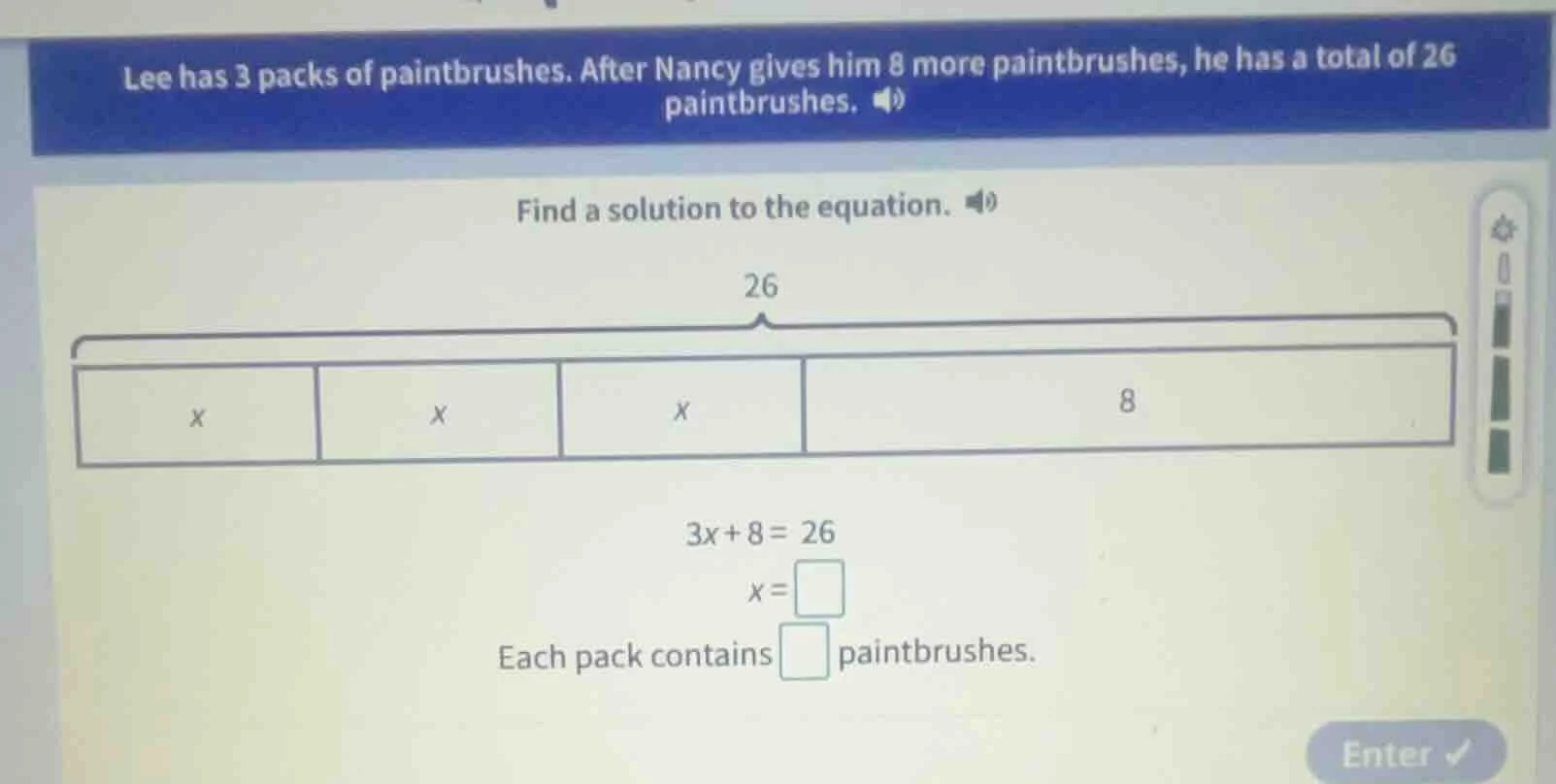 lee has 3 packs of paintbrushes. after nancy gives him 8 more paintbrus…