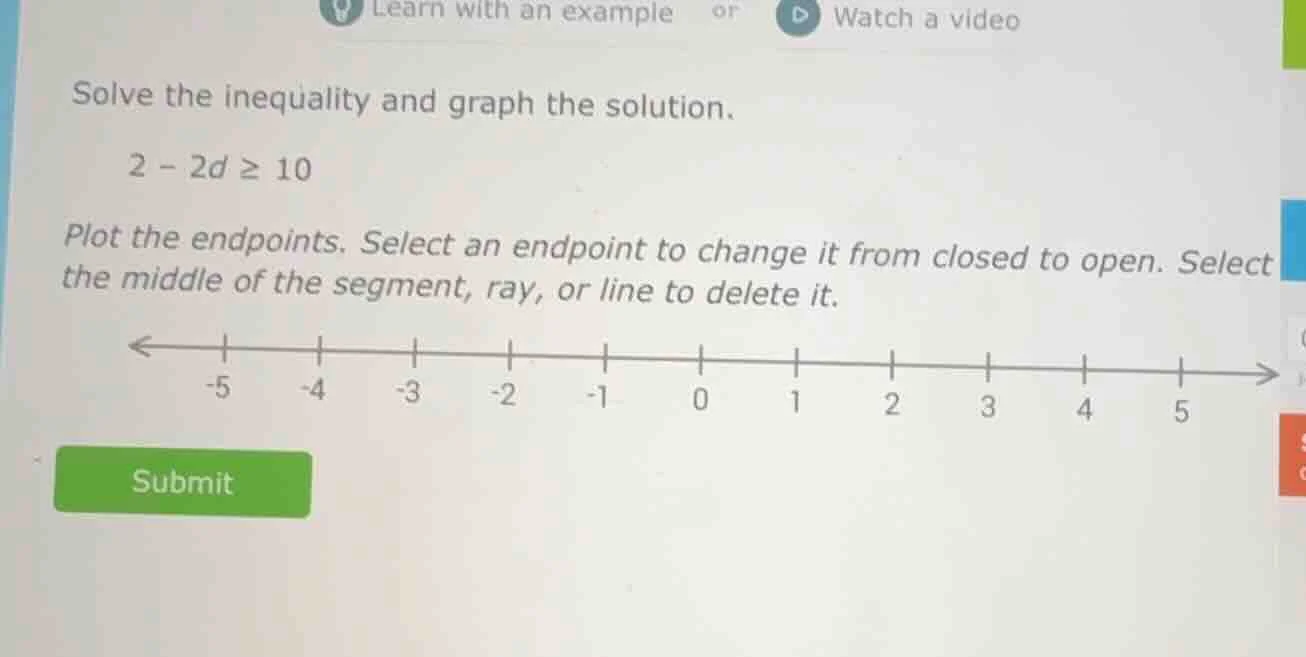 solve the inequality and graph the solution. 2 - 2d ≥ 10 plot the endpo…