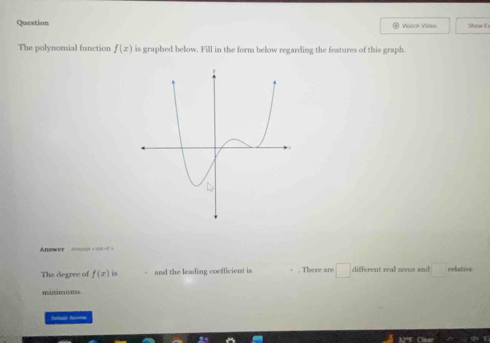 question the polynomial function $f(x)$ is graphed below. fill in the f…
