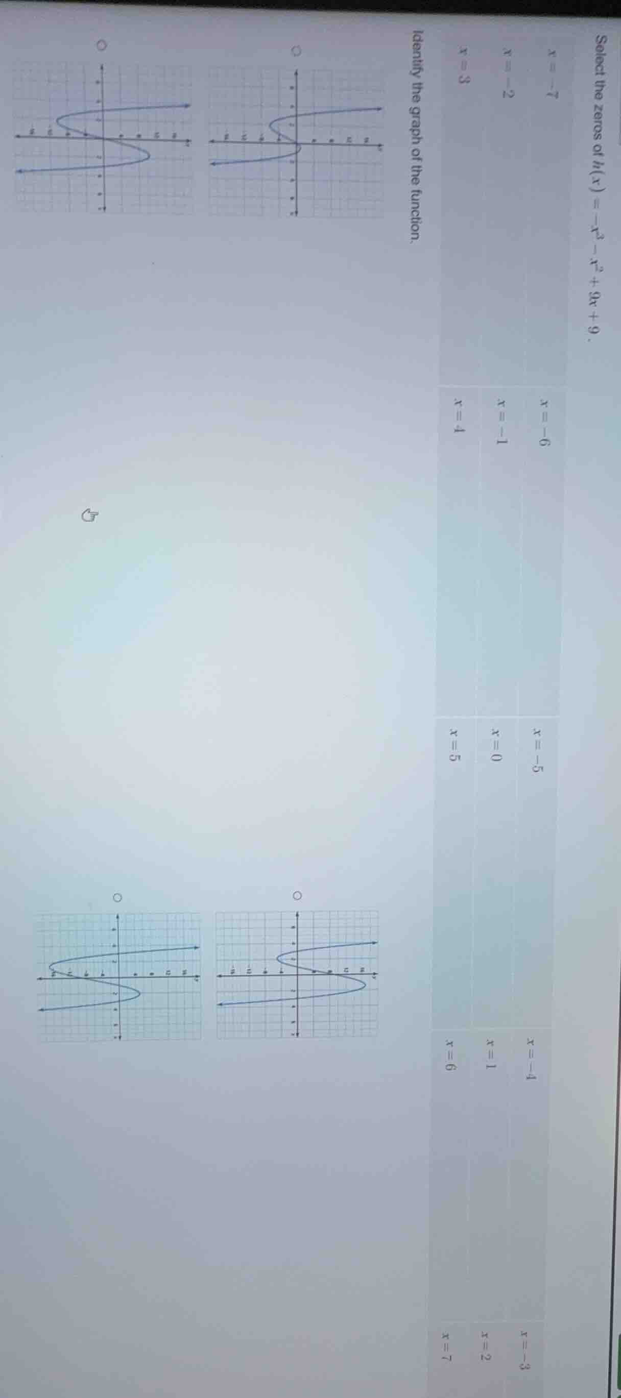 select the zeros of $h(x) = -x^3 - x^2 + 9x + 9$. identify the graph of…