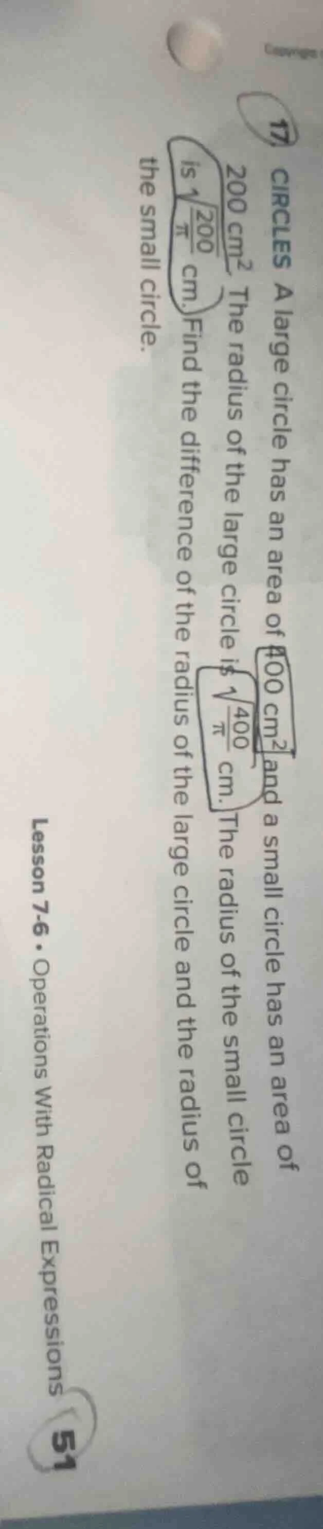 47. circles a large circle has an area of 400 cm² and a small circle ha…