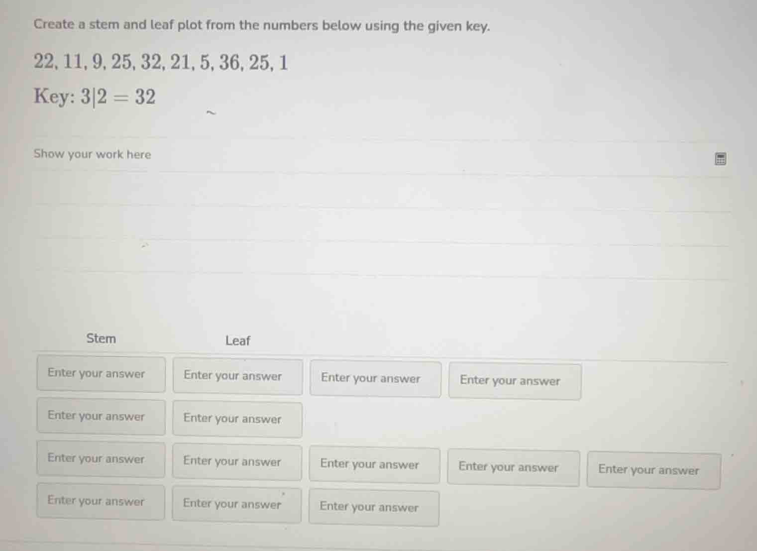 create a stem and leaf plot from the numbers below using the given key.…