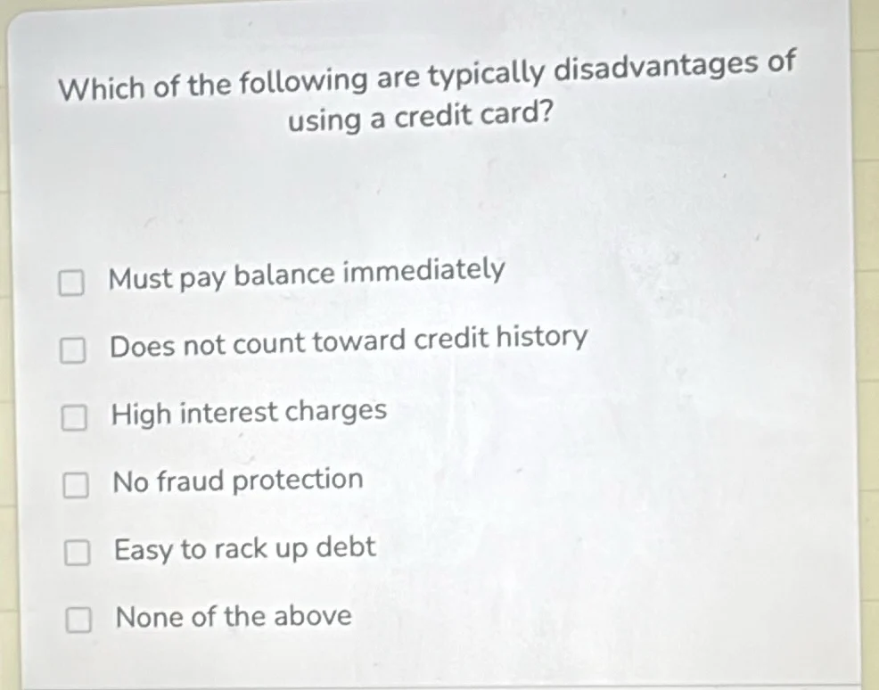 which of the following are typically disadvantages of using a credit ca…