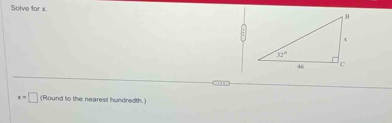 solve for x. image of a right triangle with right angle at c, angle at …