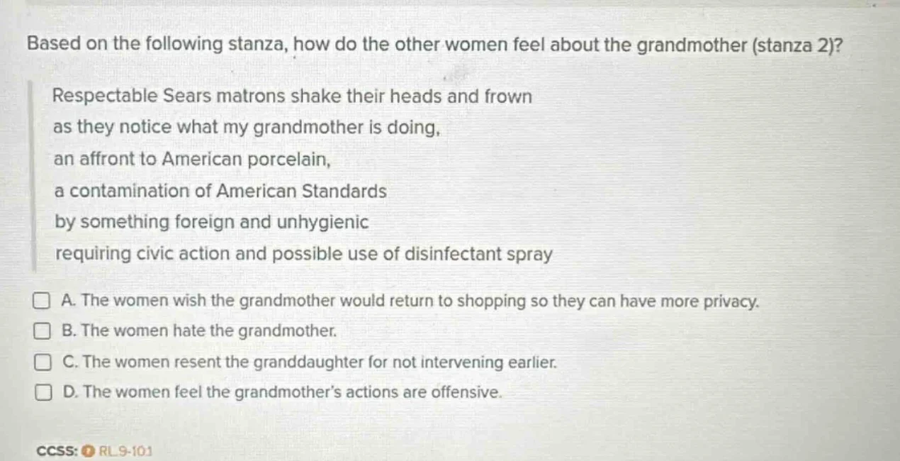 based on the following stanza, how do the other women feel about the gr…