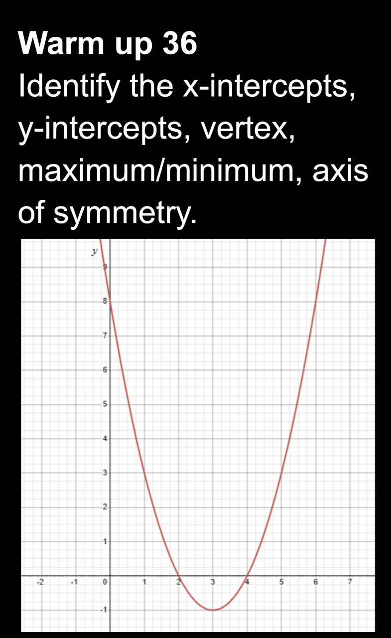 warm up 36 identify the x-intercepts, y-intercepts, vertex, maximum/min…
