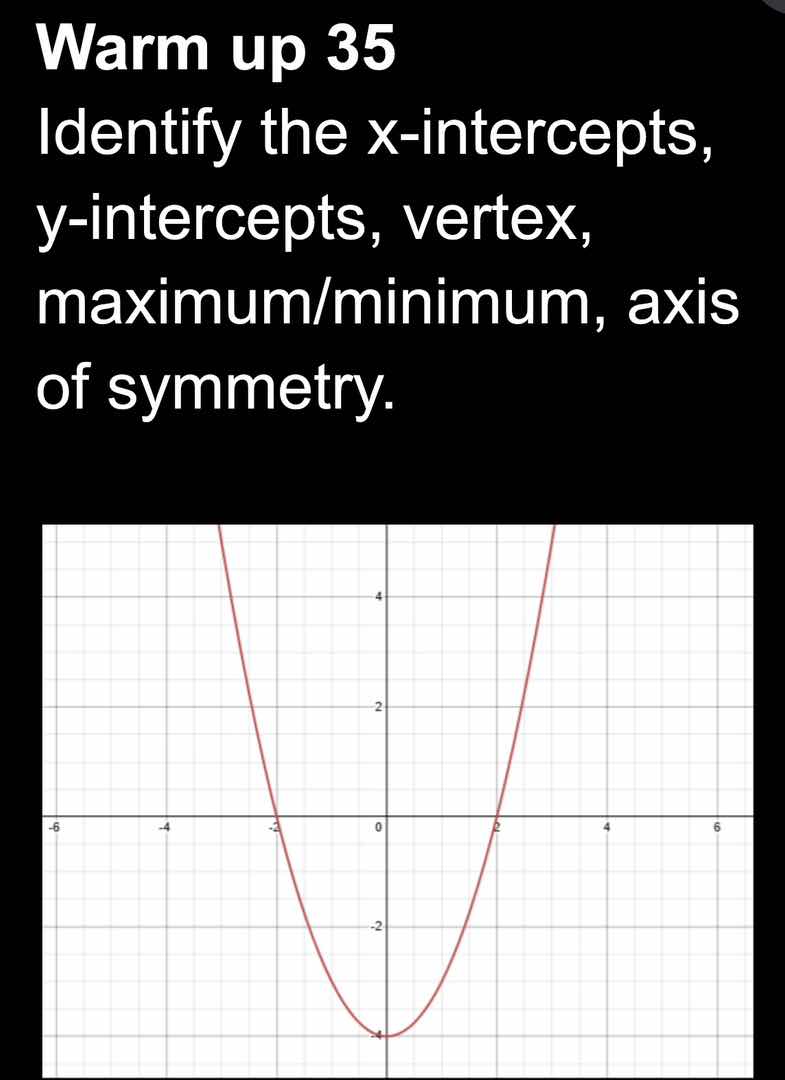 warm up 35 identify the x-intercepts, y-intercepts, vertex, maximum/min…