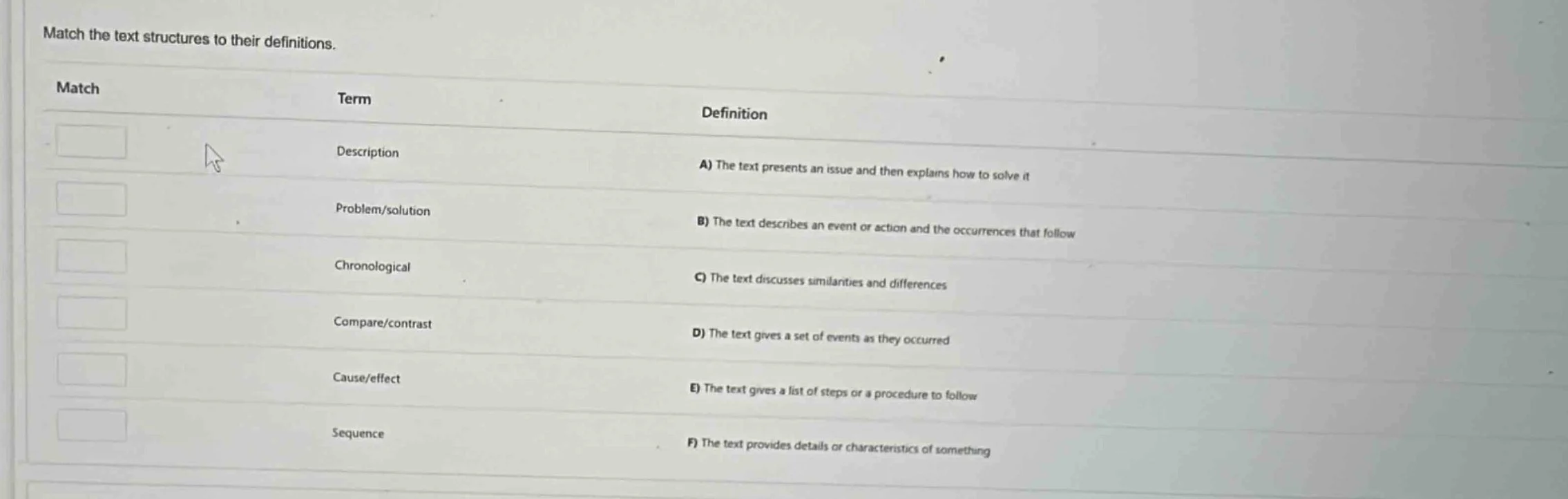 match the text structures to their definitions. match\tterm\tdefinition…